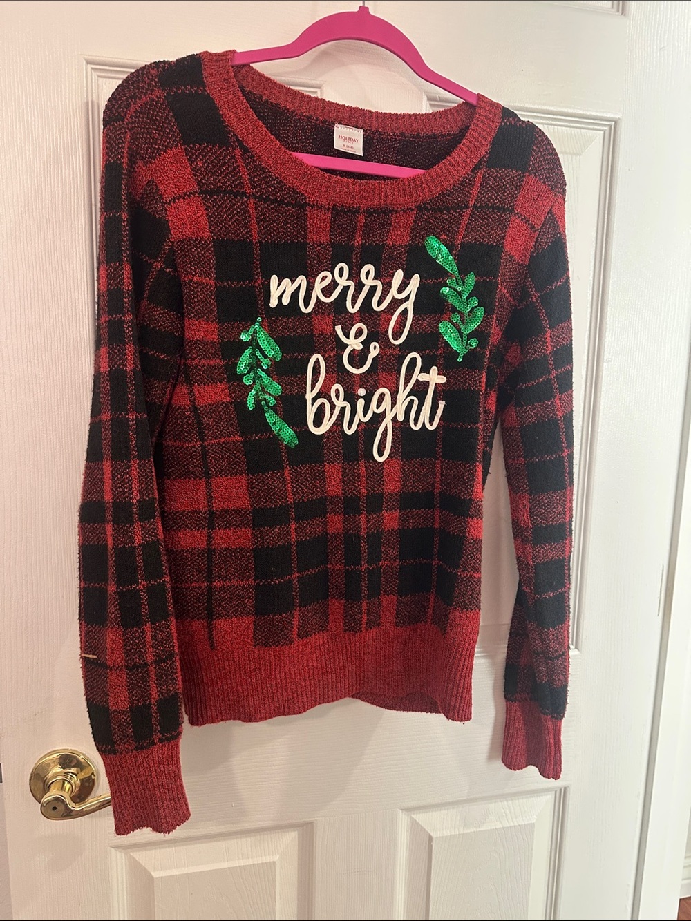 Holiday Time Red and Black Plaid 'Merry & Bright' Crewneck Sweater